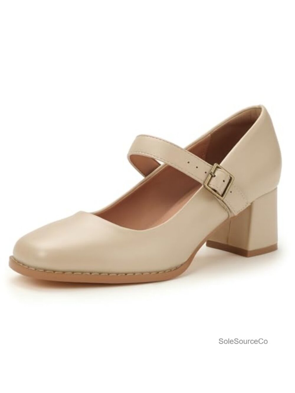 Mary Jane Block Heel Pumps Square Toe Faux Leather Adjustable Buckle